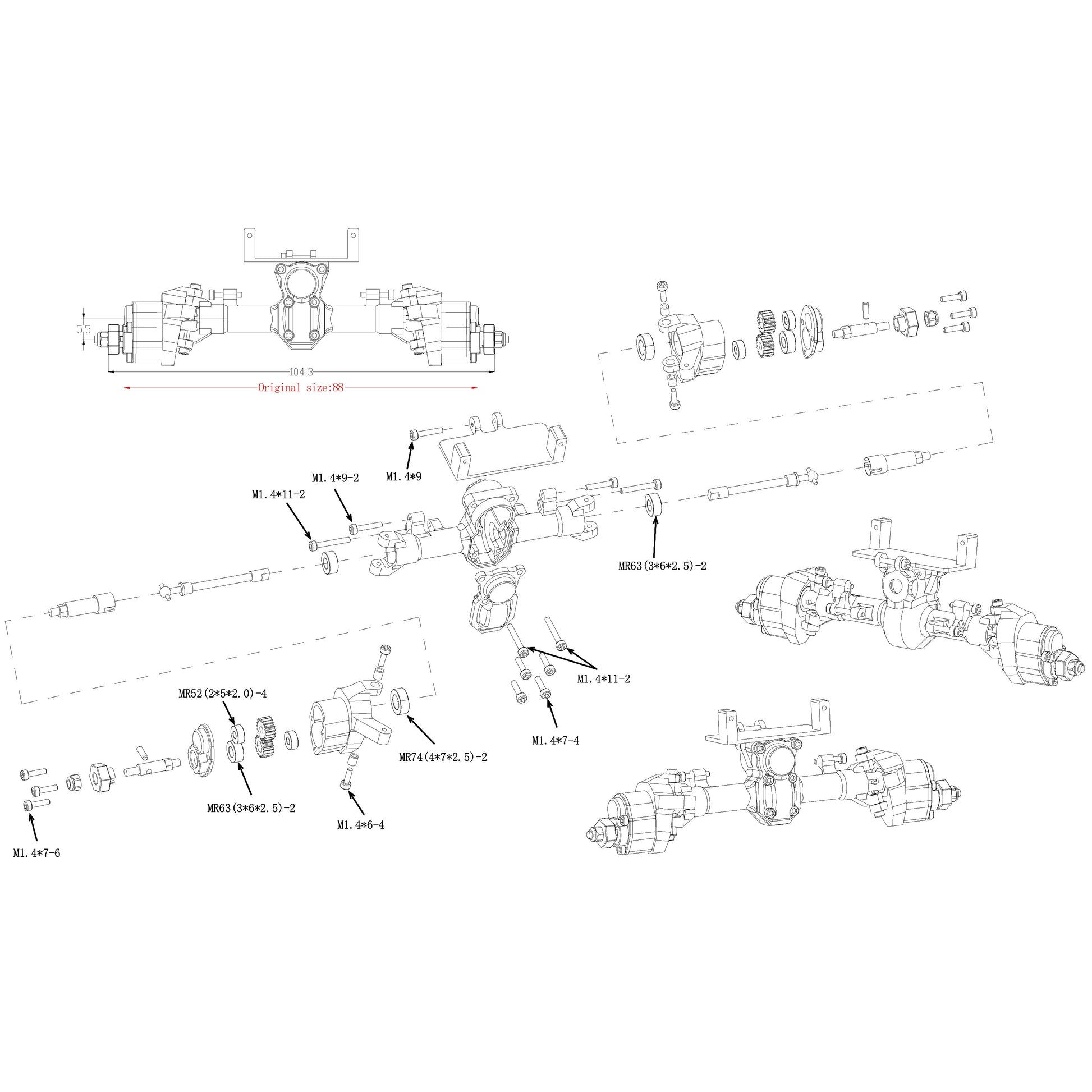 Front Portal Axle kit for Axial SCX24 90081 C10 JEEP