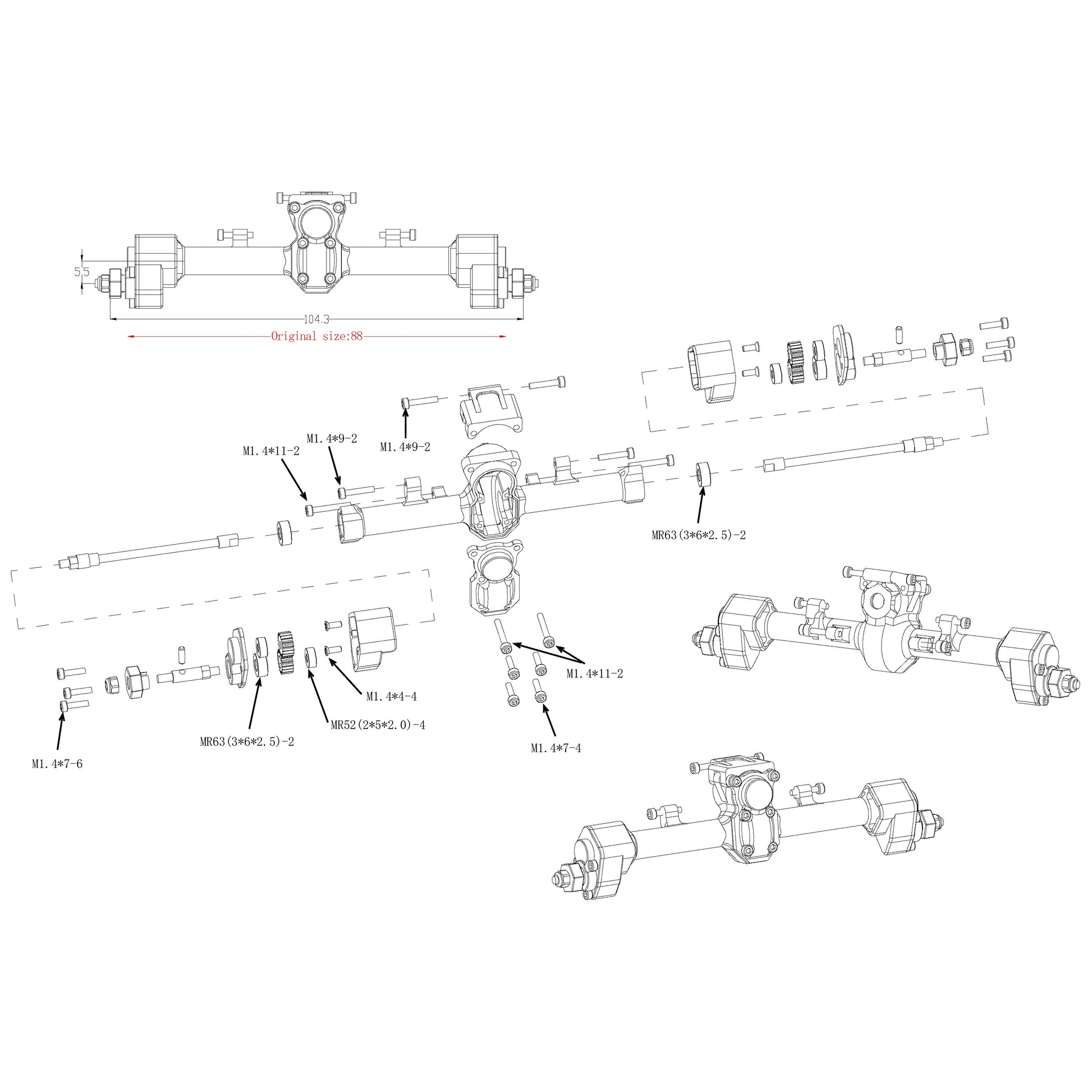 Rear Portal Axle kit for Axial SCX24 90081 C10 JEEP