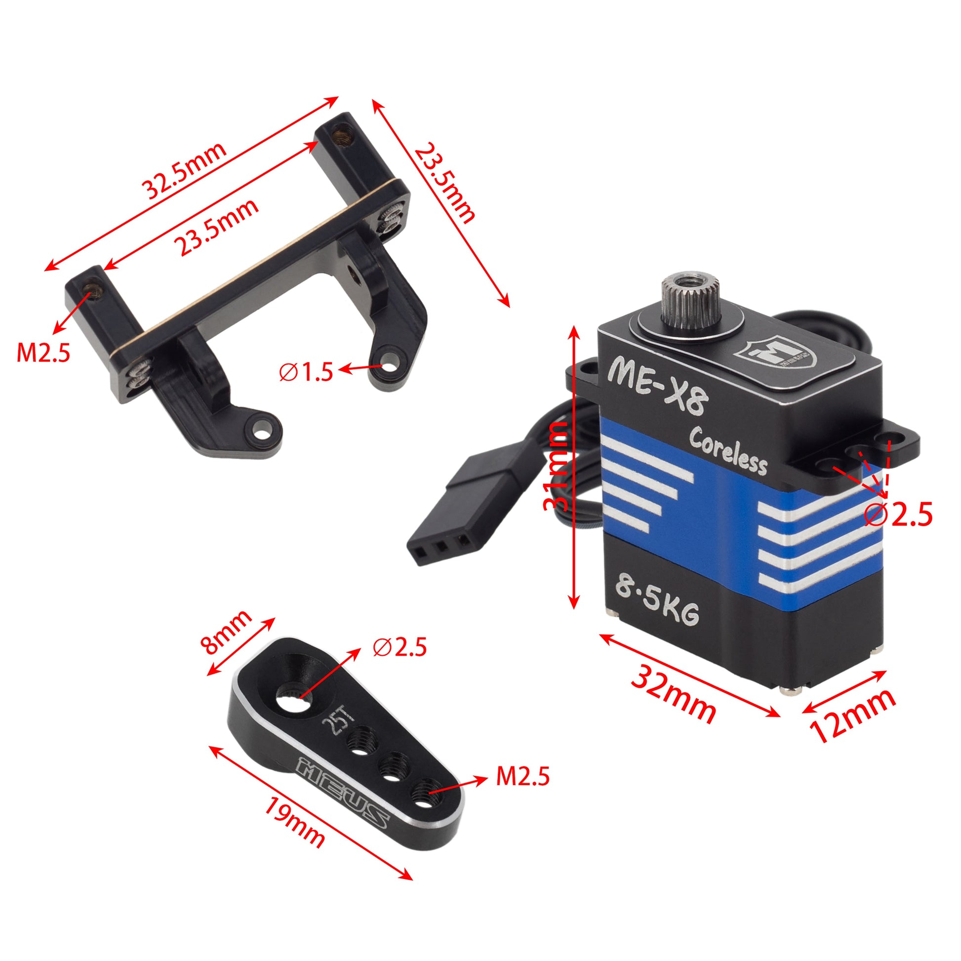 8.5KG Coreless Servo with Adjustable Brass Servo Mount and servo Horn size