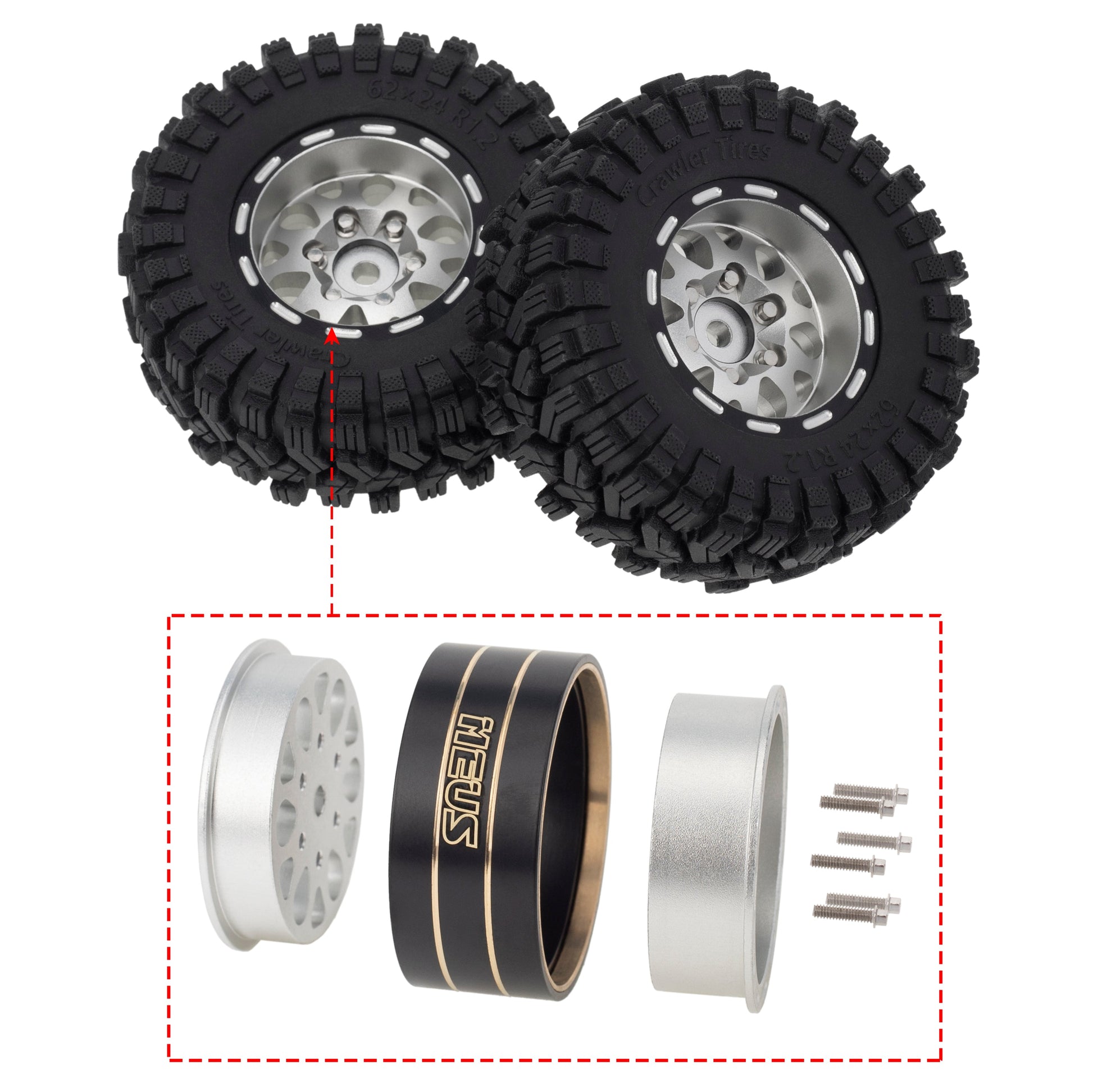 MEUS Racing 1.2-inch Beadlock Wheels Brass Rim+ Aluminum 1.0(plus) Tire Set Negative Hub