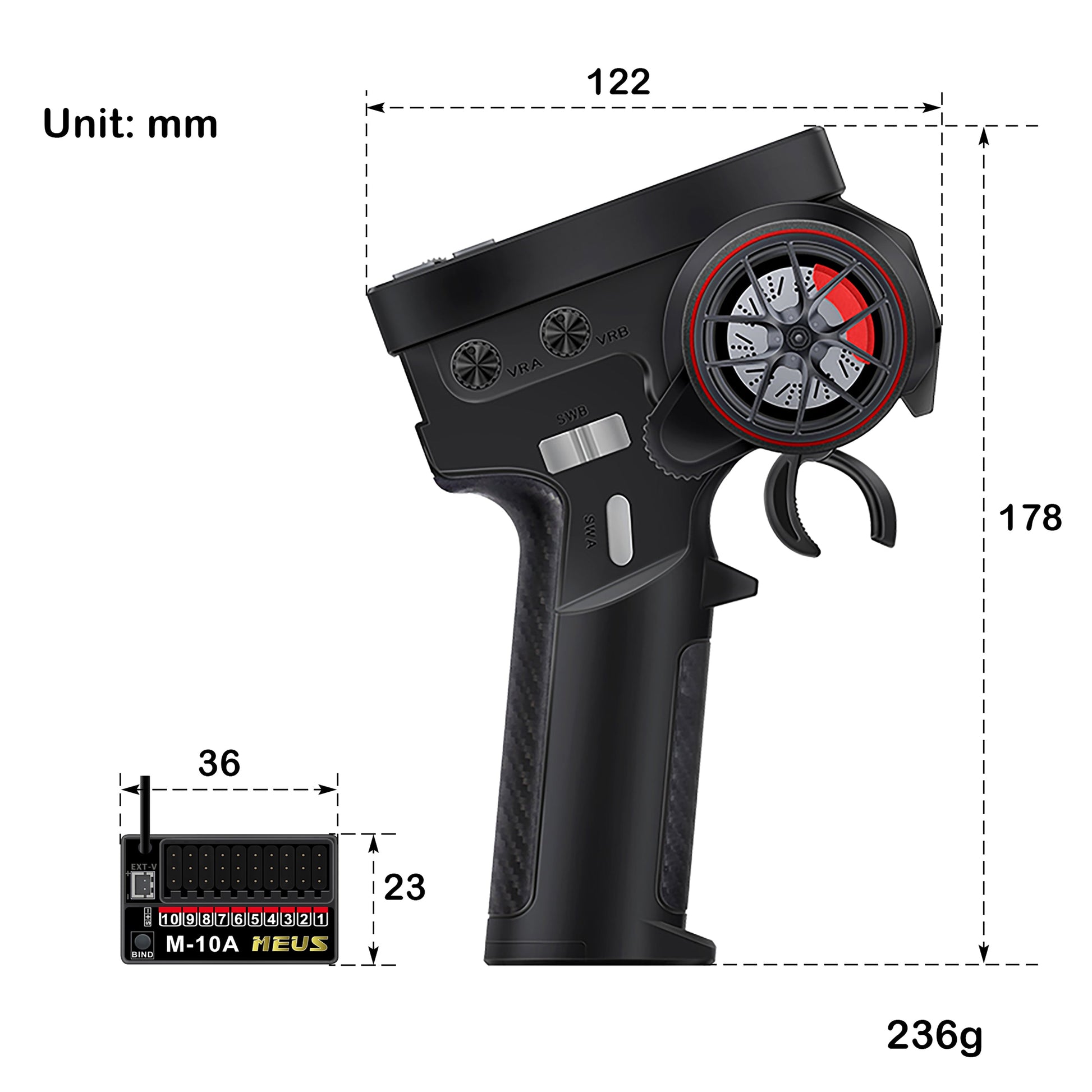 Black RC Transmitter with 10 channels Receiver size