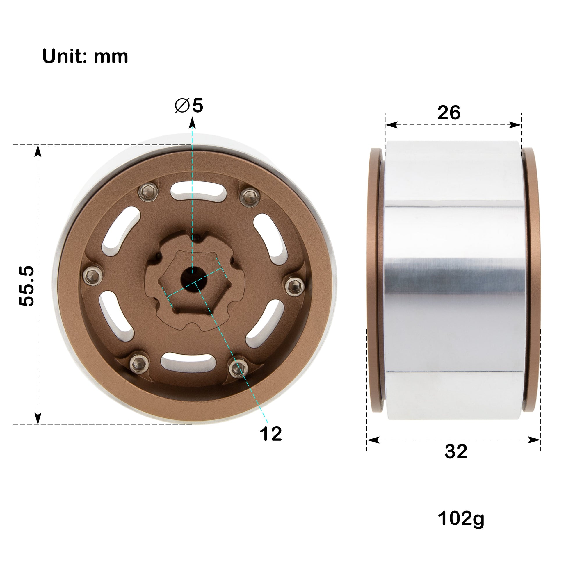 Brown SCX10 Aluminum 1.9 Beadlock Wheels size