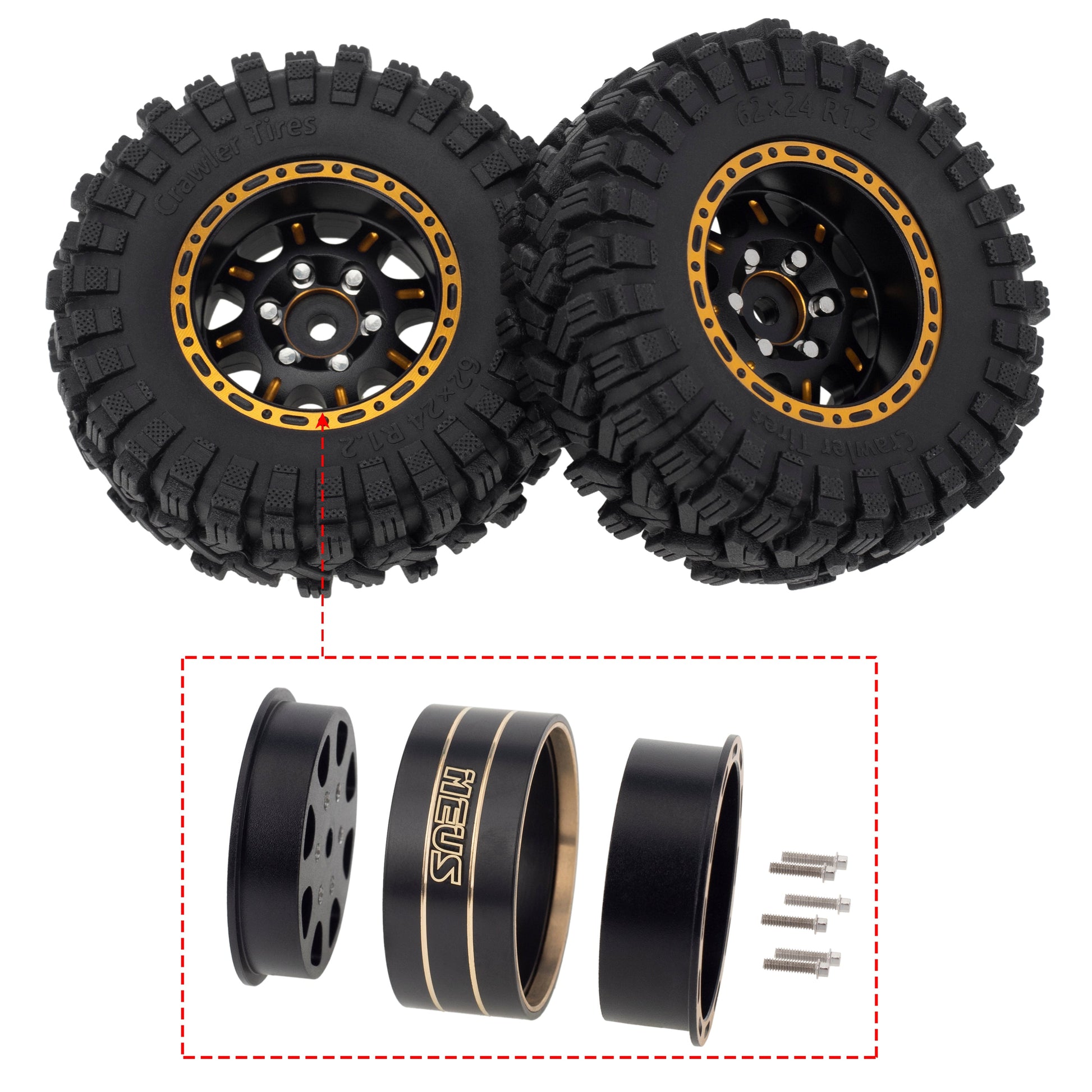 MEUS Racing 1.2-inch Beadlock Wheels Brass Rim+ Aluminum 1.0(plus) Tire Set Negative Hub