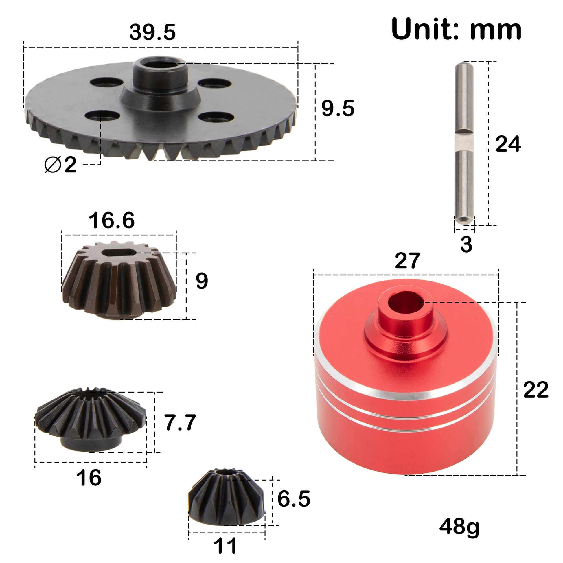 Red Metal Differential Case Steel Spur Main Gear size for 1/10 Tamiya TT02 TT02B XV02 