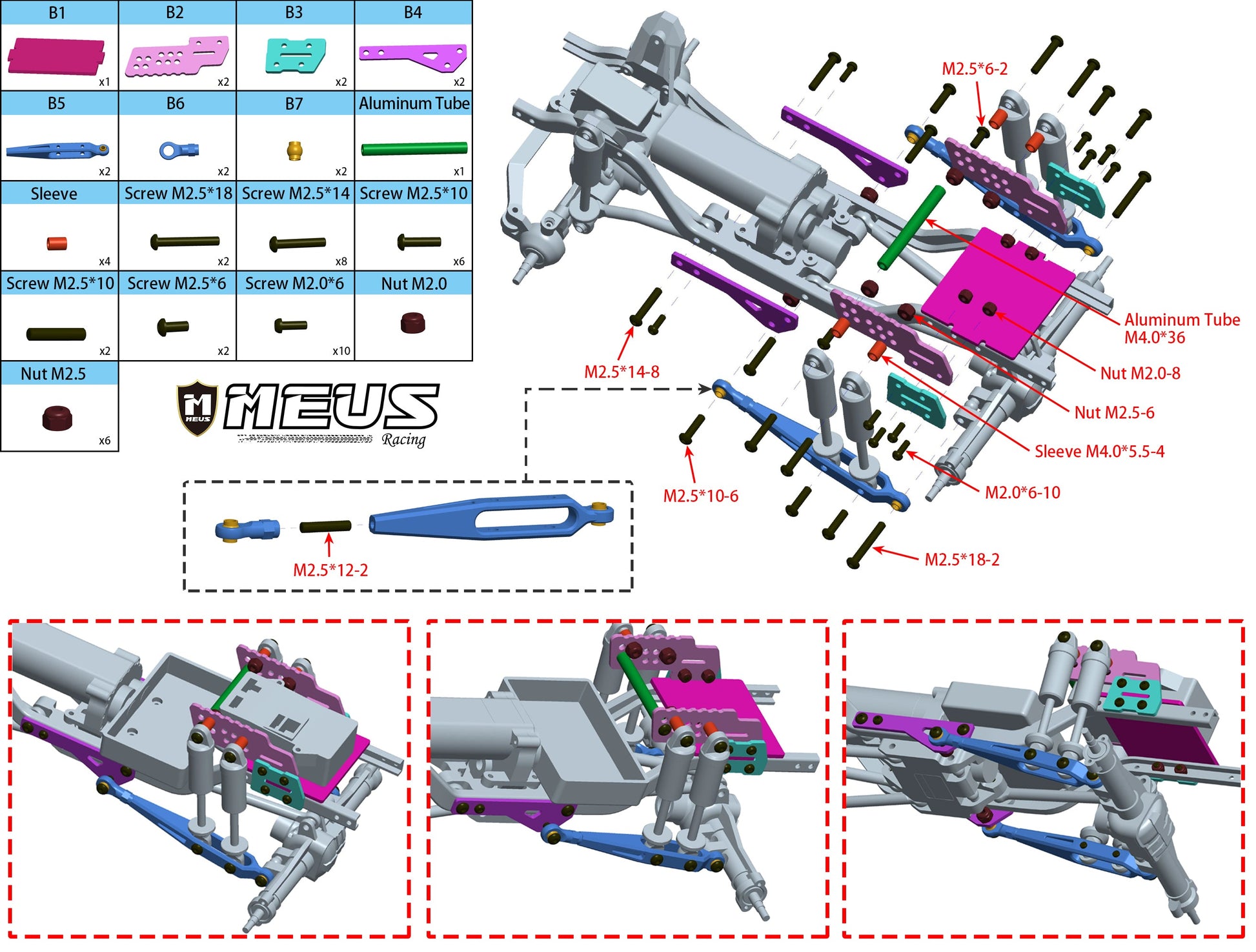 MEUS Racing Aluminum Rear Suspension Trailing Arms; Rear Knife Arms; Dual Shocks for 1/18 TRX4M