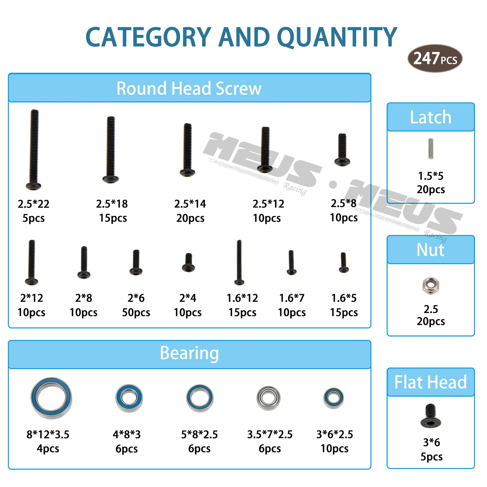 Metal Steel Bearing Screw Kit Boxed 247PCS package list